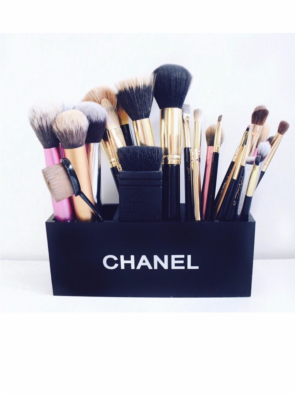 Black Makeup Brush Holder Chanel with White Logo